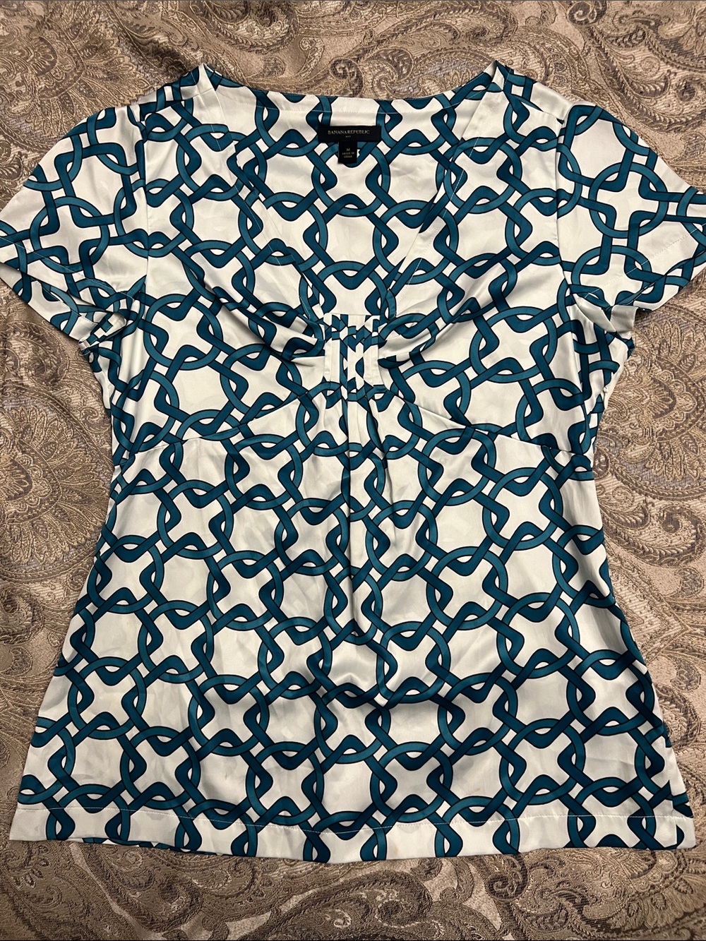 Banana Republic Teal Chain-Print Short-Sleeve Top, Size M, GUC